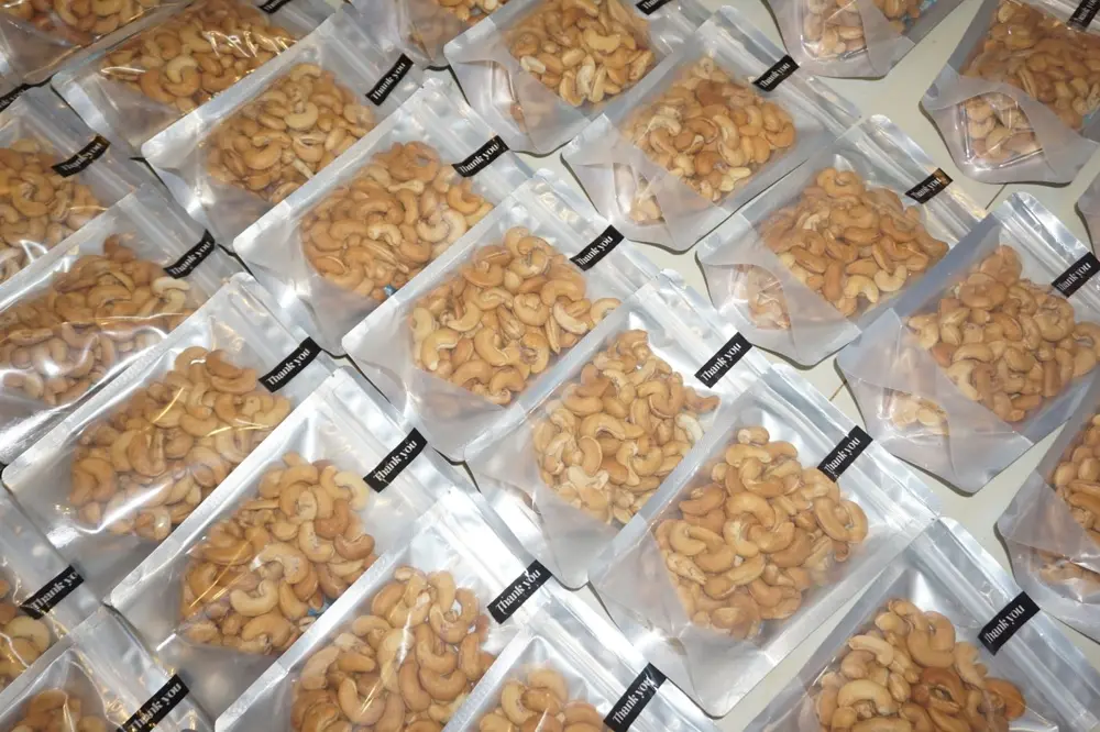 Packed cashew kernels from a processor in southern Vietnam